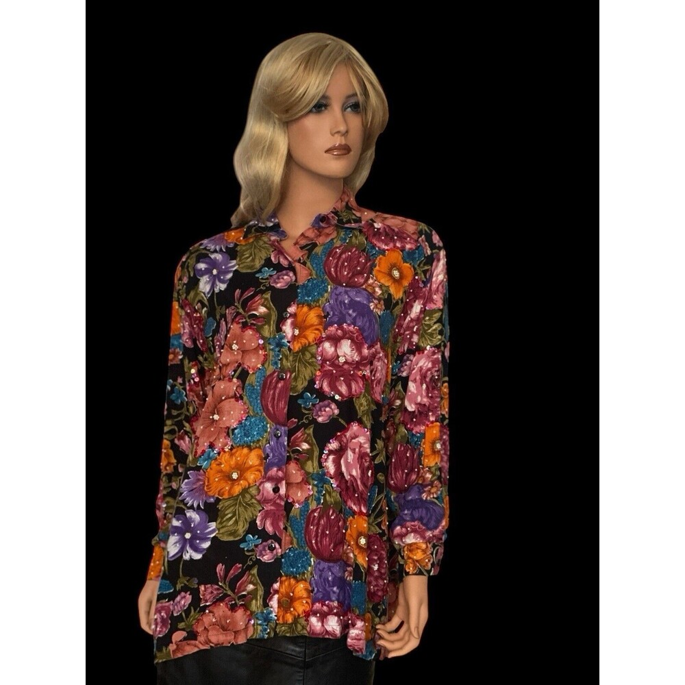 Vtg 80s Destination Other M L Shirt Oversize Floral Colorful Sequins Beaded